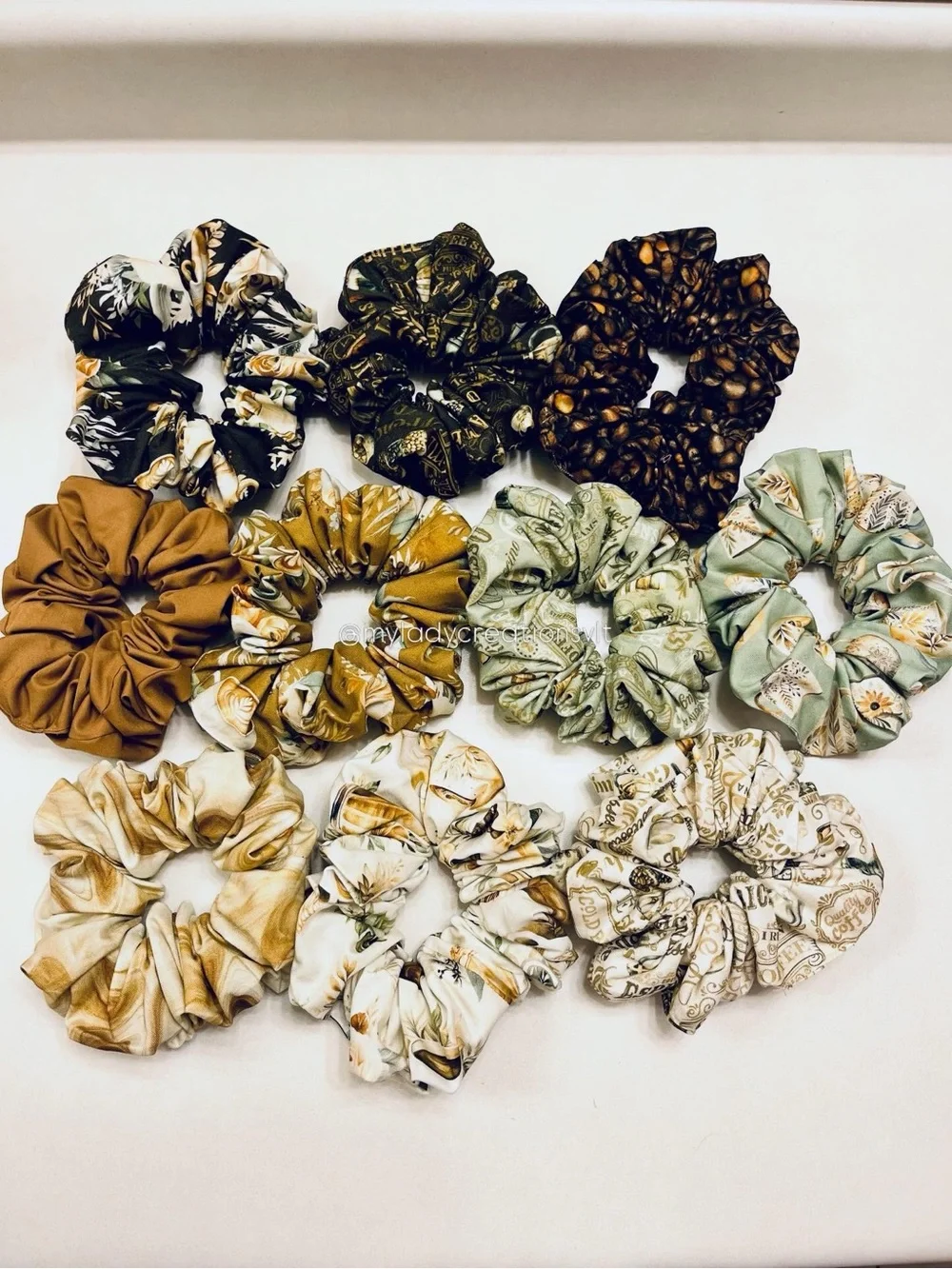 Starbucks Inspired Coffee Floral Cream Sage Brown Handmade Scrunchies